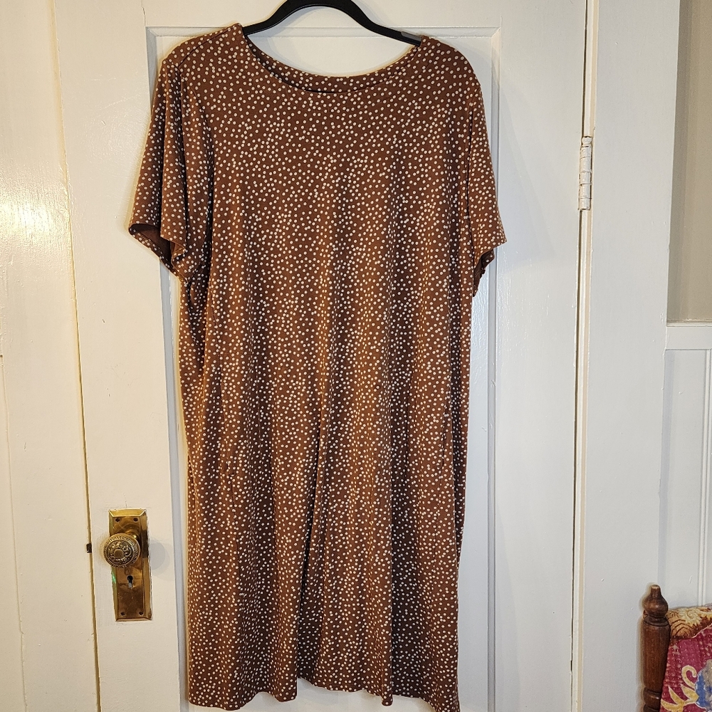 J.Jill Wearever Collection A-Line T-Shirt Dress Brown w/White PolkaDot Womens XL